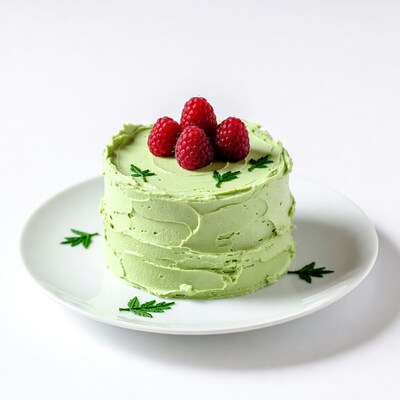 Green Frosted Cupcake with Raspberries