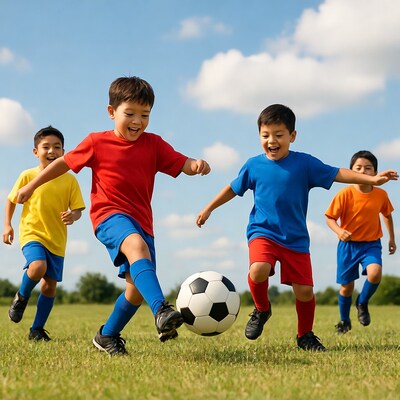Asian boys playing soccer on grass