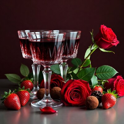 Red Wine Glasses with Roses Strawberries