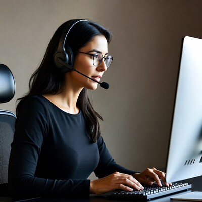 Asian woman working at computer with headset