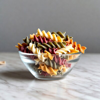 Colorful Rotini Pasta in Glass Bowl