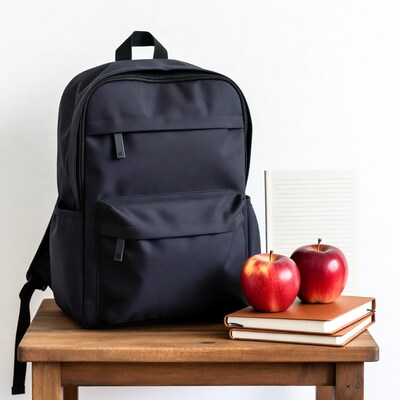 Black backpack with apples and notebooks
