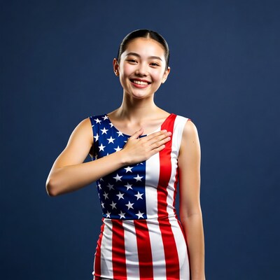 Asian girl pledging allegiance in flag dress