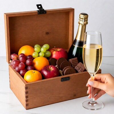 Woman holding champagne glass by fruit gift basket