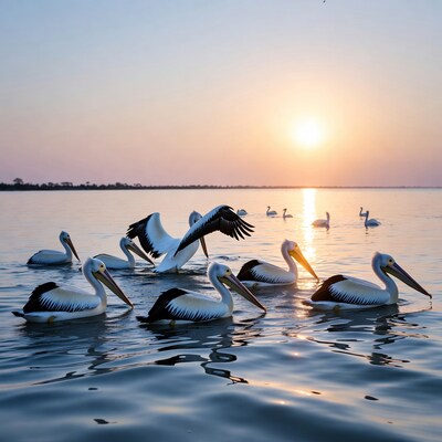 Pelicans swimming at sunset