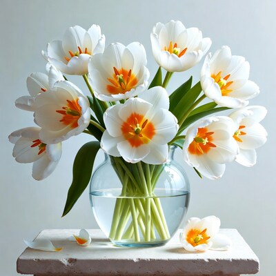 White Tulips with Orange Centers in Vase