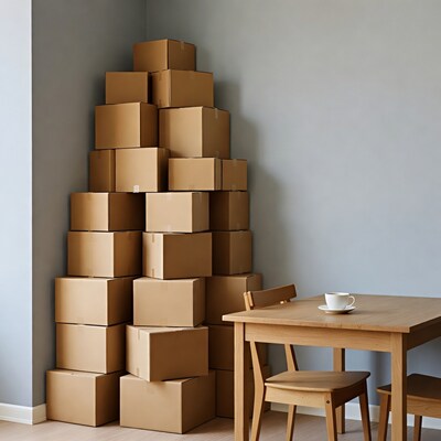 Tower of Cardboard Boxes by Wooden Table