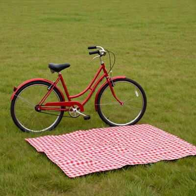 Red Bicycle on Checkered Picnic Blanket Grass