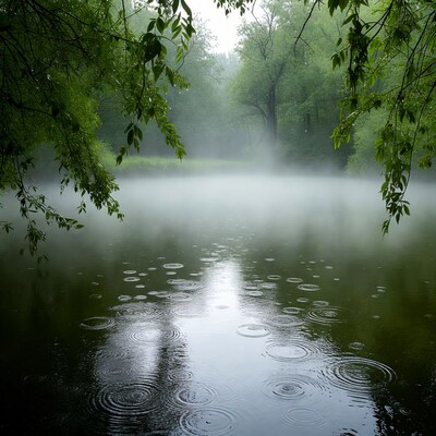 Rain falling on misty forest lake