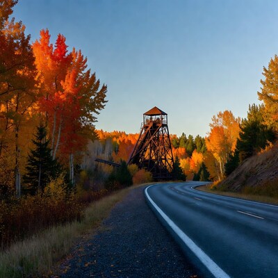 Rusty mine headframe amid fall aspens