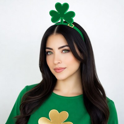 Woman wearing shamrock St. Patrick's headband