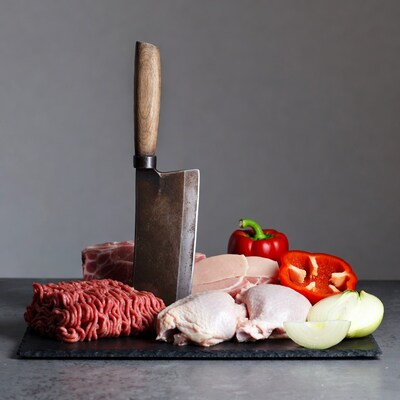 Raw Meat Cleaver Peppers Onions