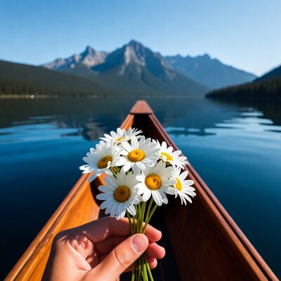 Hand holding daisies in canoe on lake