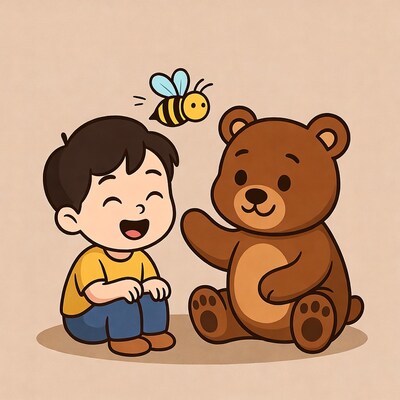 Asian boy laughing with bear and bee