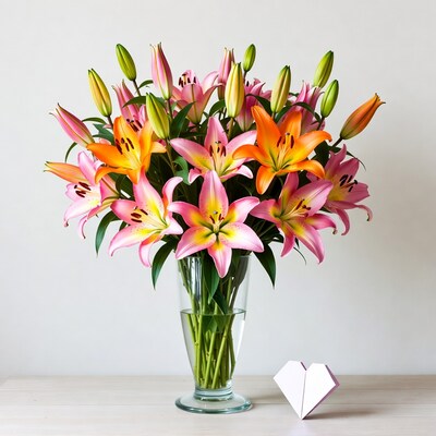 Pink and Orange Lilies in Vase with Heart