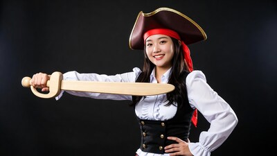Asian woman in pirate costume with sword
