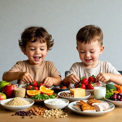 Twin boys eating strawberries at healthy food table