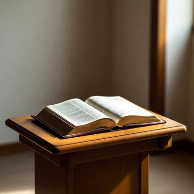 Open Bible on wooden lectern