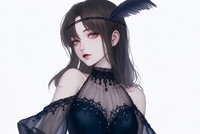Anime girl in black lace dress with feather headband