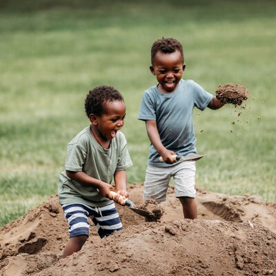 Two African boys digging in sand pile