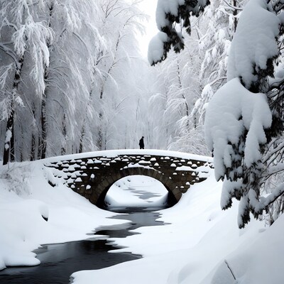 Man standing on snowy stone bridge