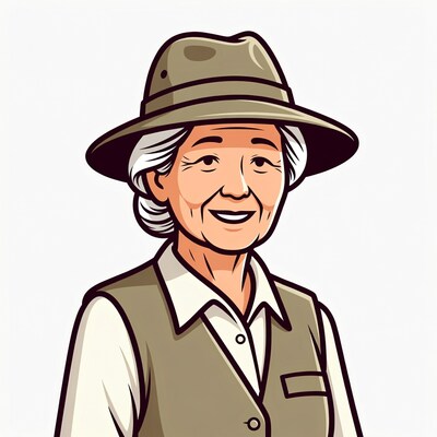 Elderly Asian woman in safari hat