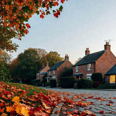 Autumn Leaves on Cobblestone Street with Brick Houses