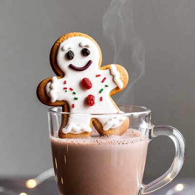 Gingerbread man in hot chocolate mug