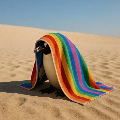 Penguin wrapped in rainbow towel on desert
