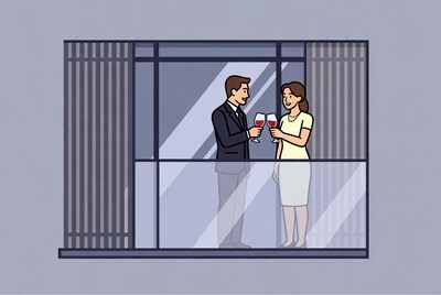 Couple toasting wine glasses on balcony