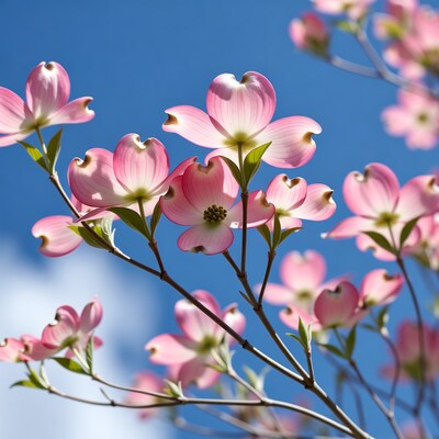 Pink Dogwood Flowers Against Blue Sky