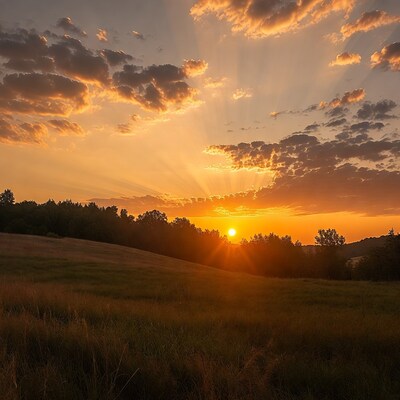 Sunset over grassy hill and trees