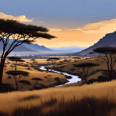 Savanna Landscape with Acacia Trees at Sunset