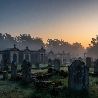 Misty Cemetery at Sunrise