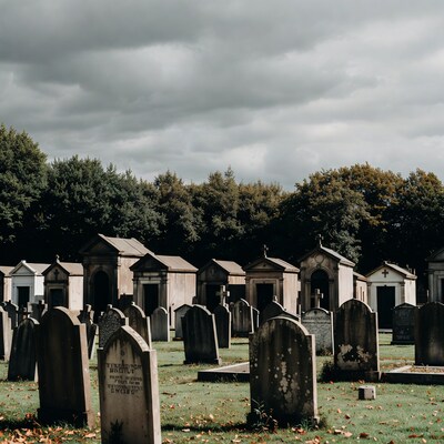 Graveyard with tombstones and mausoleums