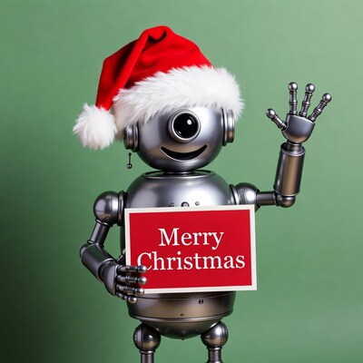 Robot in Santa hat holding Merry Christmas sign