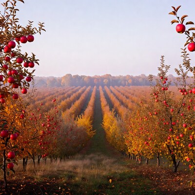 Autumn Apple Orchard Rows at Sunrise