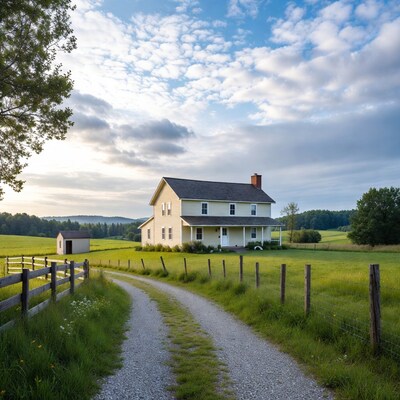 White farmhouse in green countryside