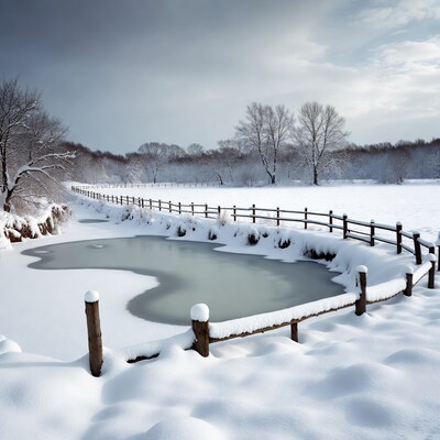 Snowy Pond with Wooden Fence