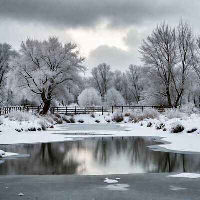Frosty Trees by Frozen Pond