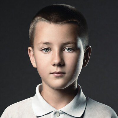 Boy with buzz cut in white polo