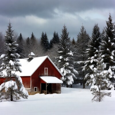 Red Barn in Snowy Forest