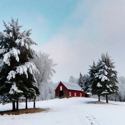 Red Barn in Snowy Landscape