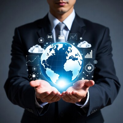 Businessman holding glowing globe