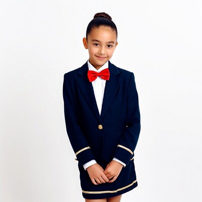 Girl in navy blazer with red bowtie