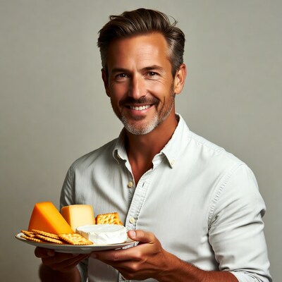Mature man holding cheese and crackers