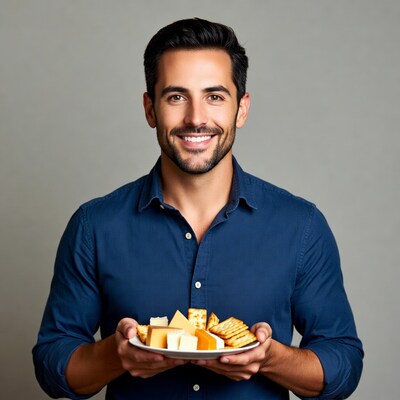 Man holding cheese and crackers platter