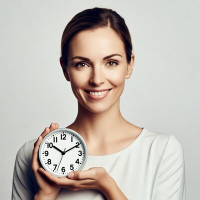 Smiling woman holding clock