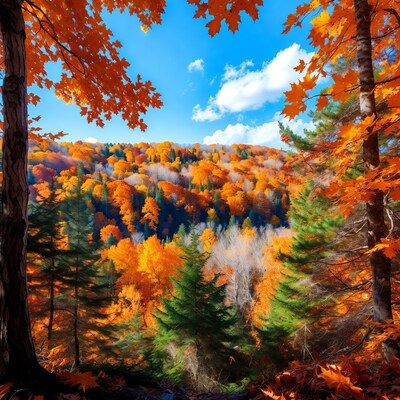 Autumn Forest Valley with Orange Trees