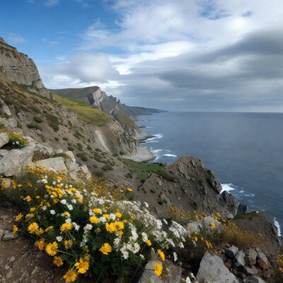 Yellow Daisies on Cliff Overlooking Ocean